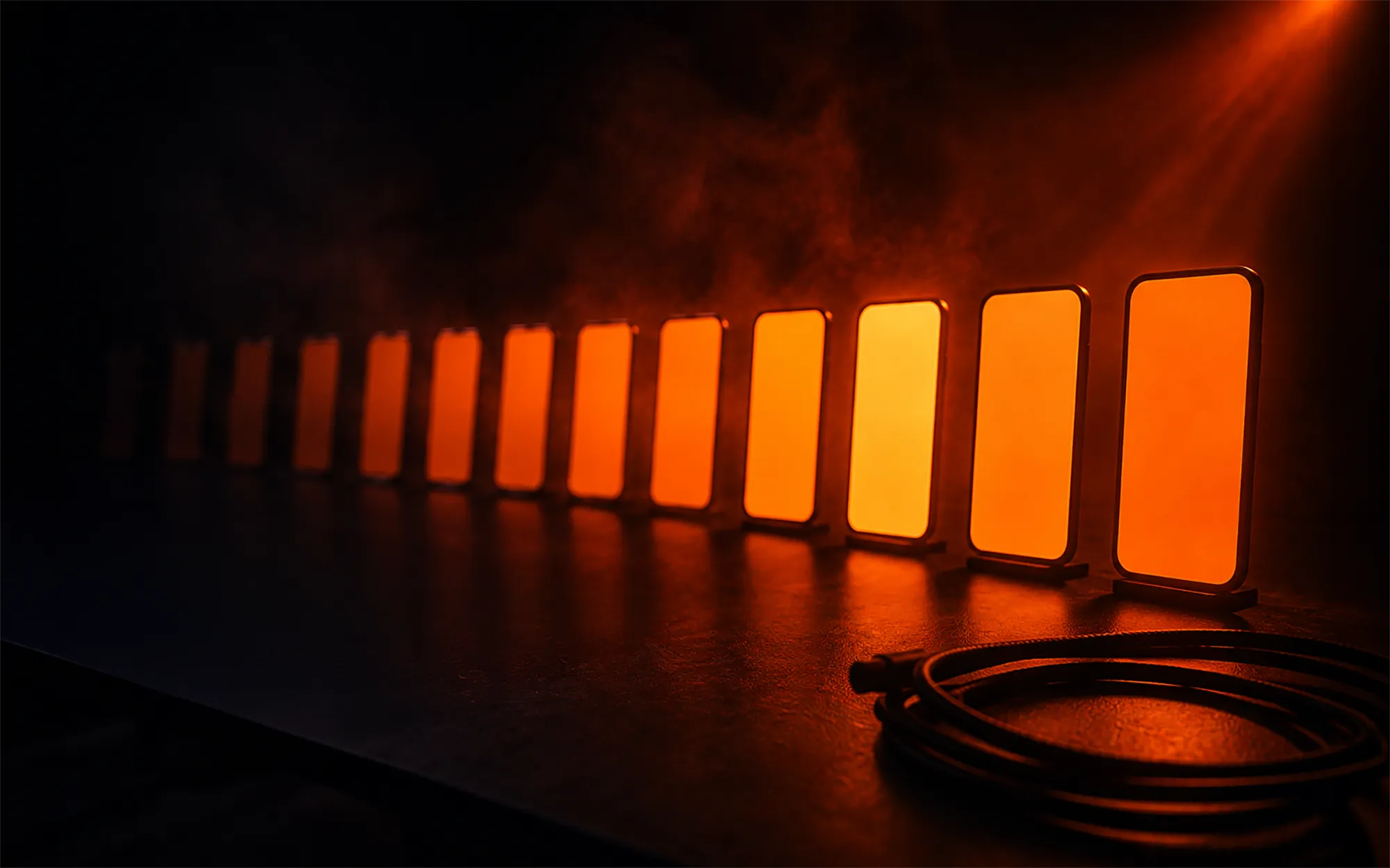 A long row of blank, glowing vertical panels receding into a dark studio, each lit slightly differently