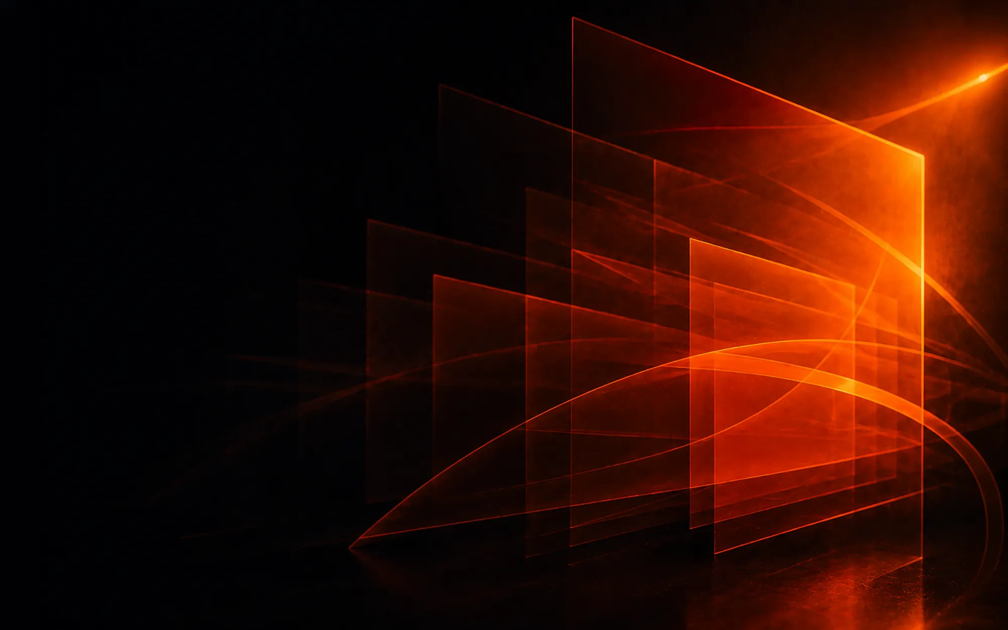 Layered translucent geometric shapes suspended and lit in near-black space