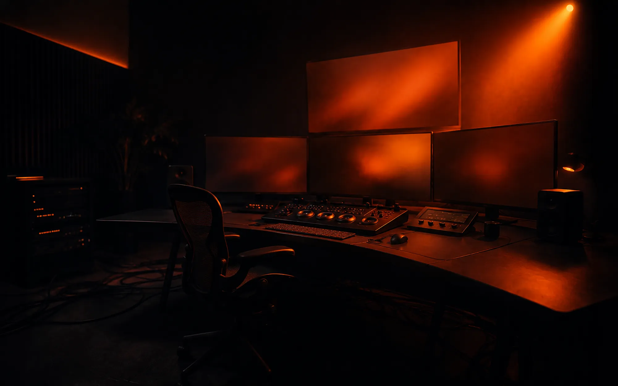 A darkened post-production room lit only by the glow of grading monitors